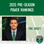 Sports analyst in a suit and green tie sits in a broadcast studio, featured in a Desert Dynasty League graphic with the text “2025 Pre-Season Power Rankings” and “Pre-Draft” above a football field background and the Desert Dynasty logo.
