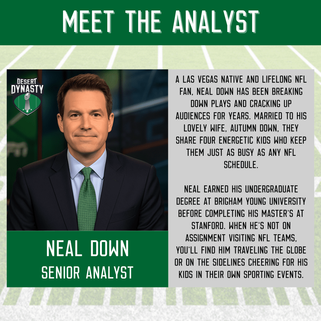 Portrait of Neal Down, Senior Analyst for Desert Dynasty, wearing a suit with a green tie, smiling in a sports studio setting
