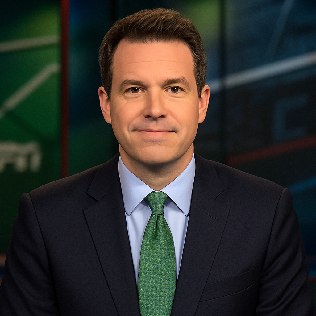 Portrait of Neal Down, Senior Analyst for Desert Dynasty, wearing a suit with a green tie, smiling in a sports studio setting